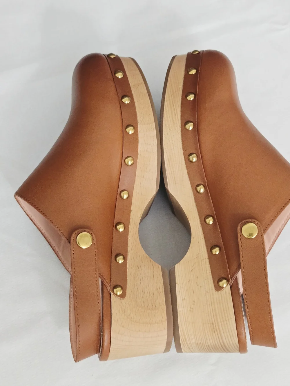 J. Crew Convertible Leather Clogs Tan Brown Studded Wood Platform Mules Size 8.5